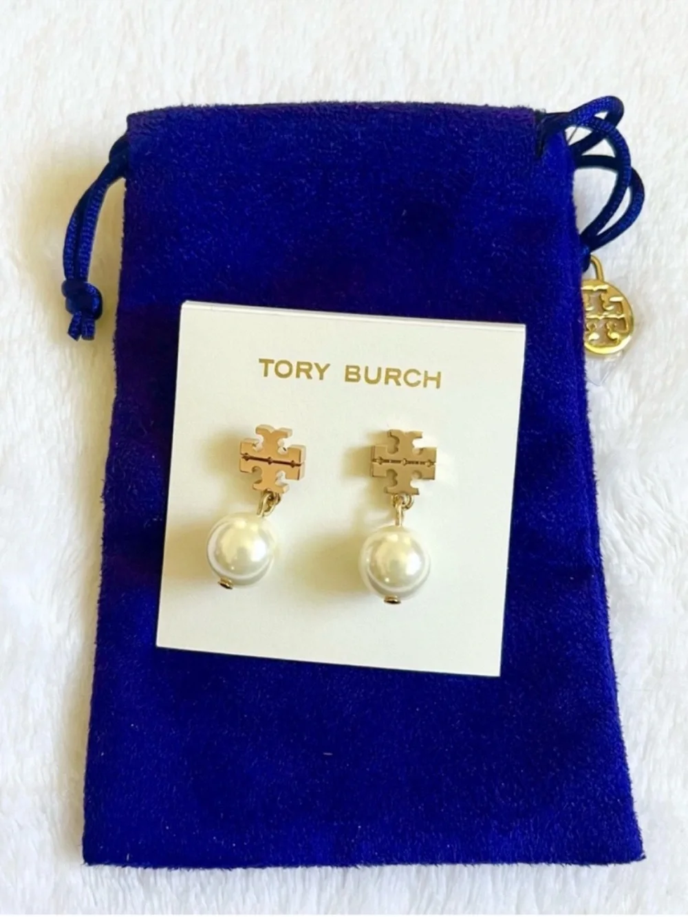 Tory Burch Gold-Tone Logo Drop Earrings with Cream Pearls